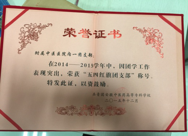 院內(nèi)科一團(tuán)支部榮獲“校2014-2015學(xué)年五四紅旗團(tuán)支部“榮譽(yù)稱(chēng)號(hào)(圖2)